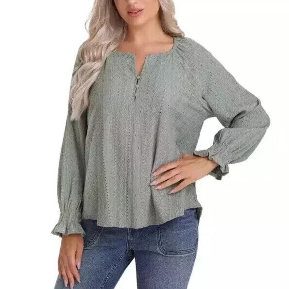 Frye Women's Textured Long Sleeve Peasant Blouse Sea Green Large